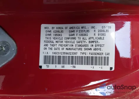 2009 Honda Accord 2.4 Lx-S from USA, damaged, VIN 1HGCS12359A023397